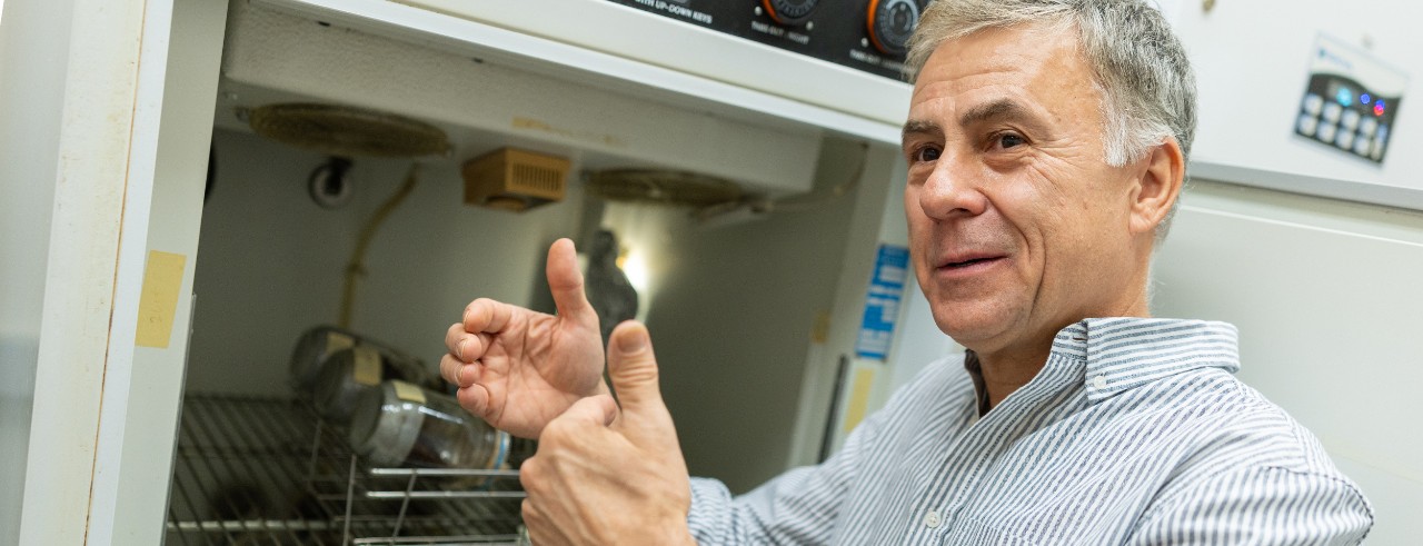 Michael Polak gestures in front of an incubator in his biology lab.
