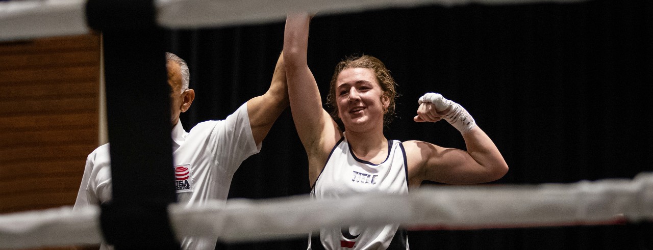 Jordan Evanko at the end of a boxing match