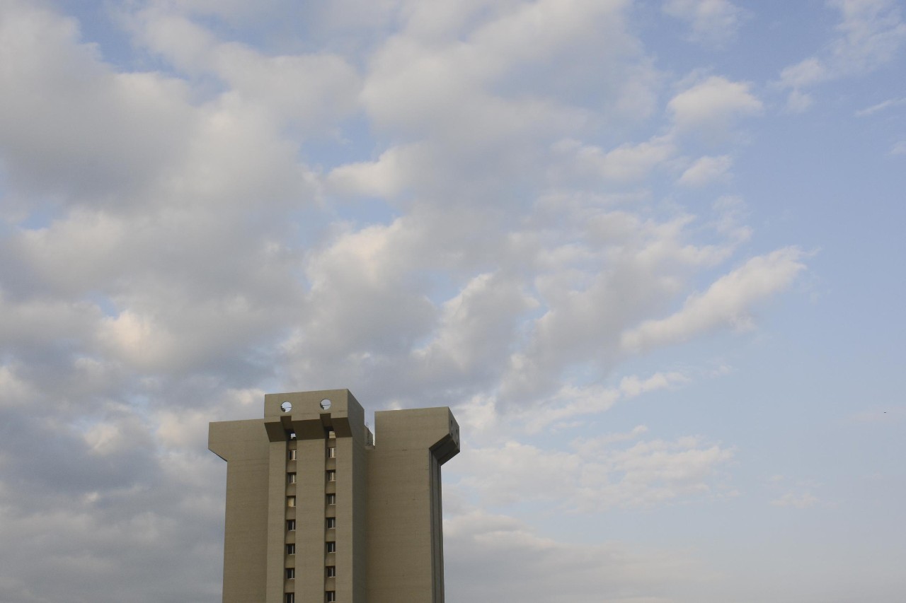 Top of Crosley Tower with a cloudy sky