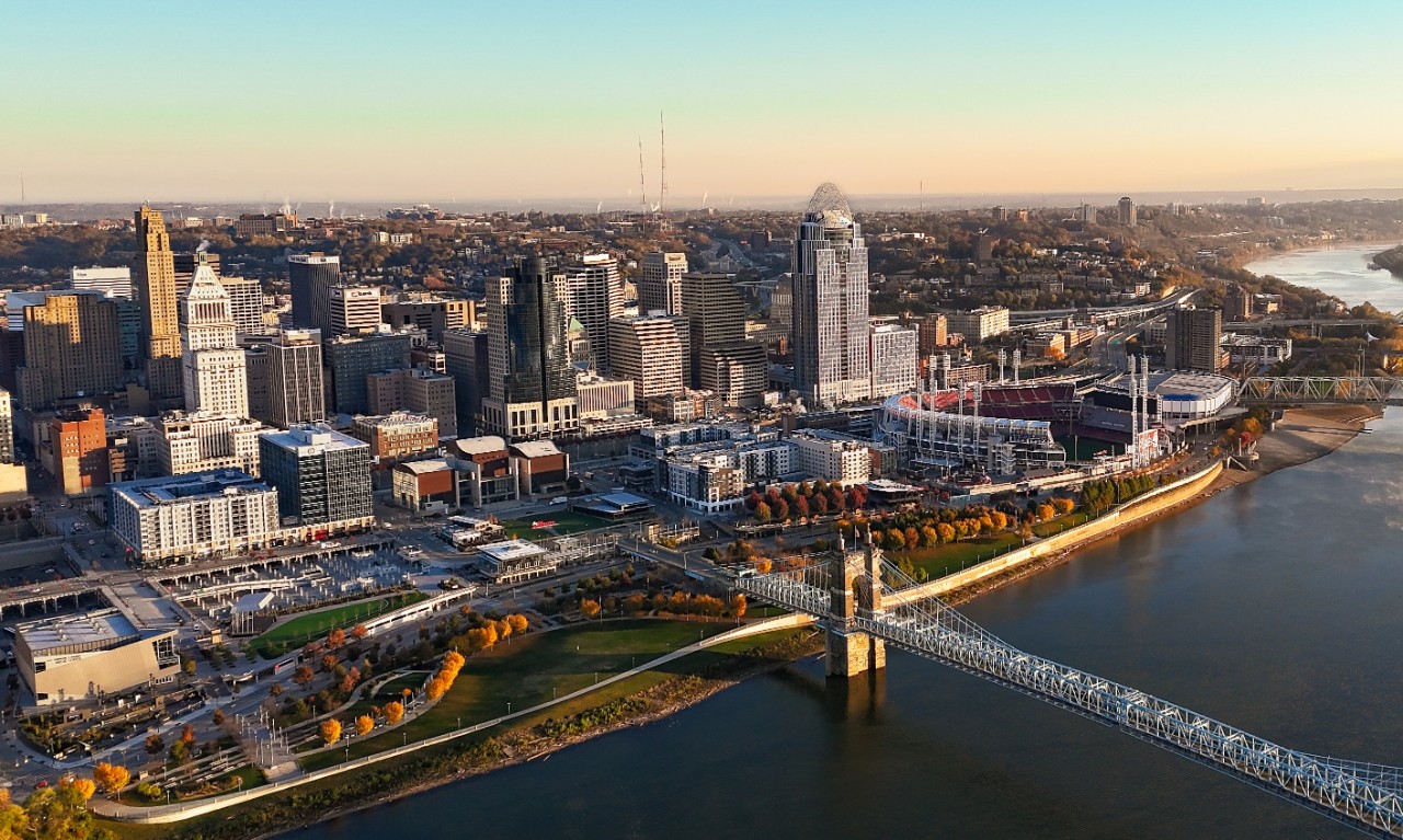 A view of Cincinnati's skyline from a drone.