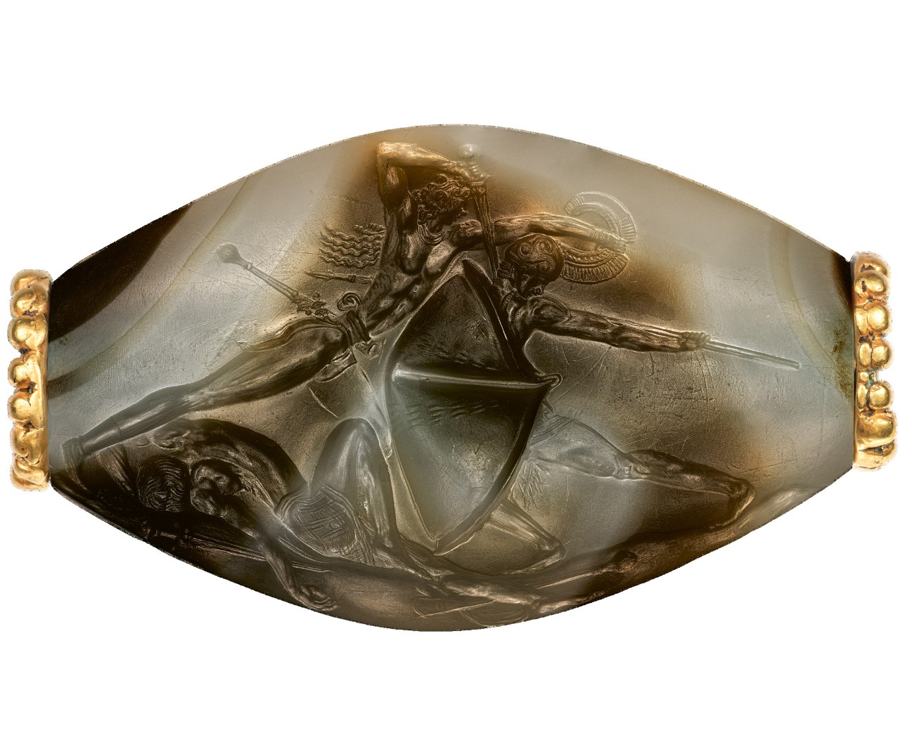 A sealstone features mortal combat between a warrior with a sword and one with a spear while a third lies dying on the ground.