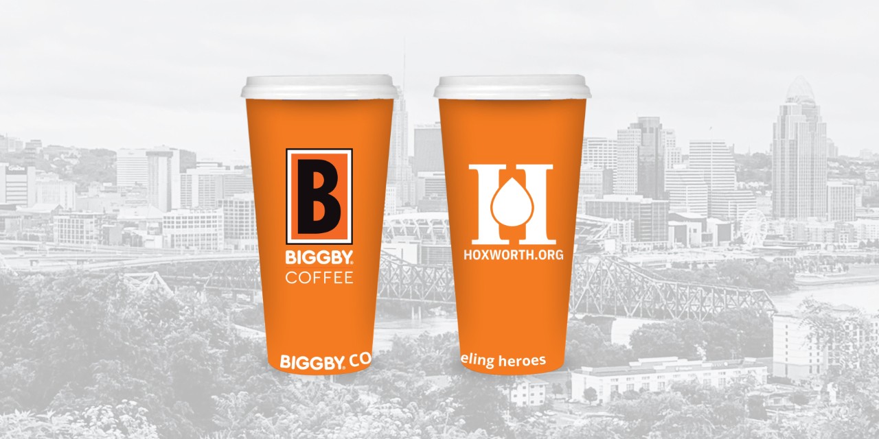 Biggby Coffee cup with Hoxworth logo