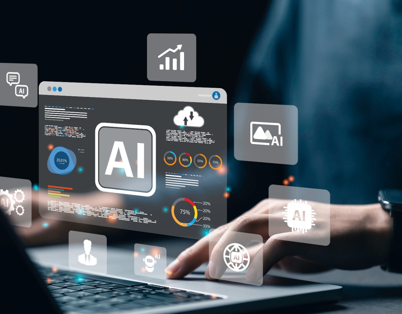 AI-themed overlay on person using a laptop