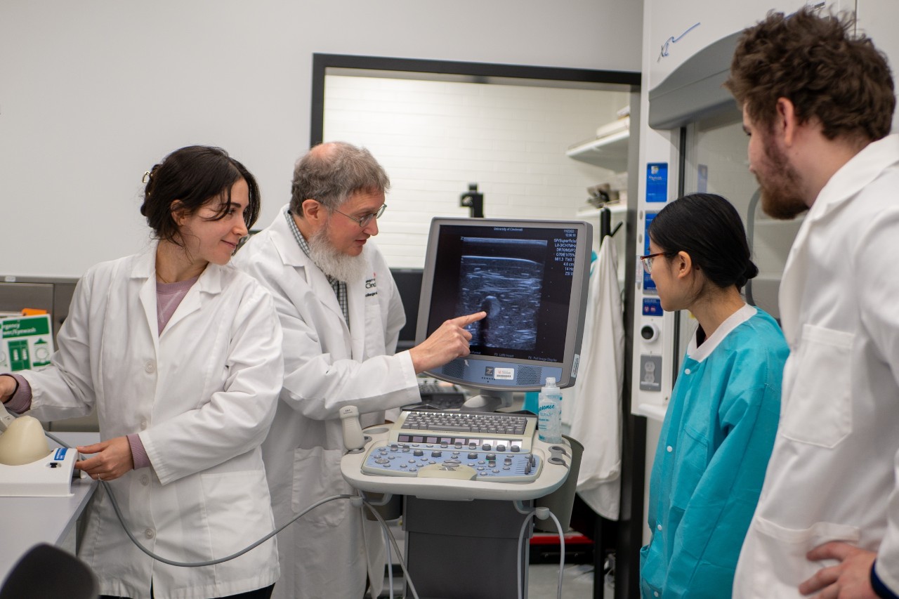 Douglas Mast points to an ultrasound screen in his lab, instructing students. 