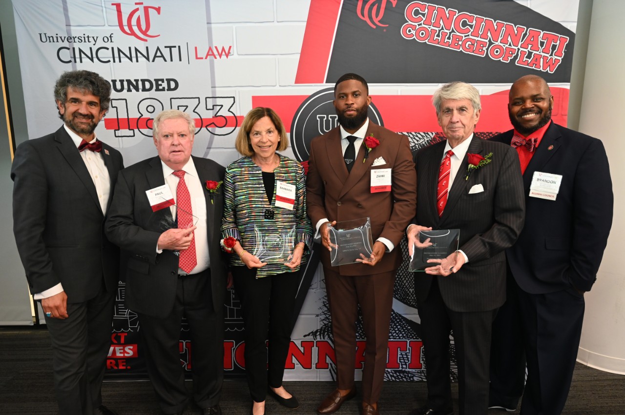 2025 recipients of the UC College of Law Distinguished Alumni Awards, along with Dean Hamoudi and Alumni President Brandon Craig