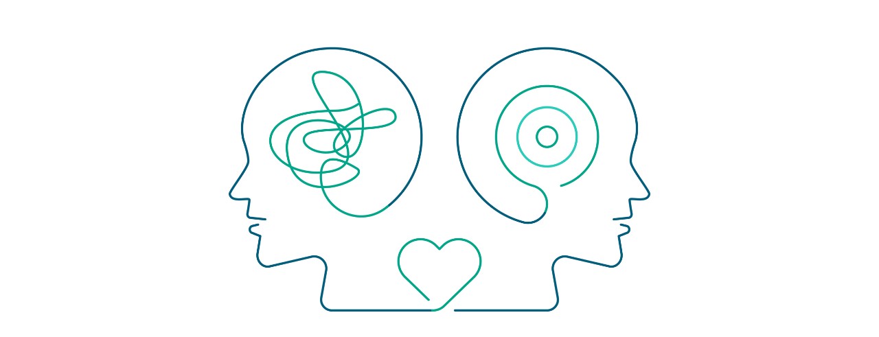 A minimalistic line drawing of two human heads facing opposite directions. The head on the left has a tangled, chaotic line inside it, symbolizing confusion or disorder. The head on the right contains concentric circles, representing clarity or focus. Both heads are connected by a continuous line that forms a heart shape at the bottom, suggesting emotional connection or empathy.