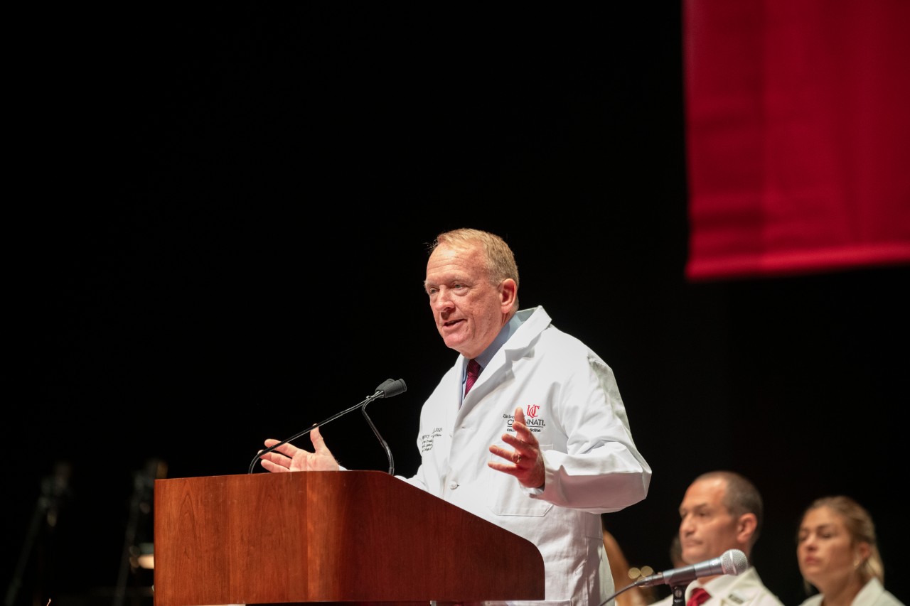 University of Cincinnati College of Medicine dean Gregory Postel, MD Executive Vice President for Health Affairs and Christian R. Holmes Professor and dean of the College of Medicine spoke during the University of Cincinnati’s College of Medicine White Coat ceremonies for the class of 2029 Friday August 1, 2025 at Aronoff Center for the Arts in Downtown, Cincinnati. Photo by Joseph Fuqua II