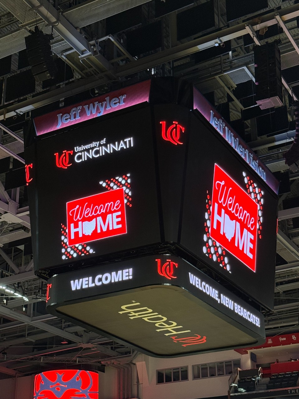 The scoreboard at Fifth Third Arena welcomes students.