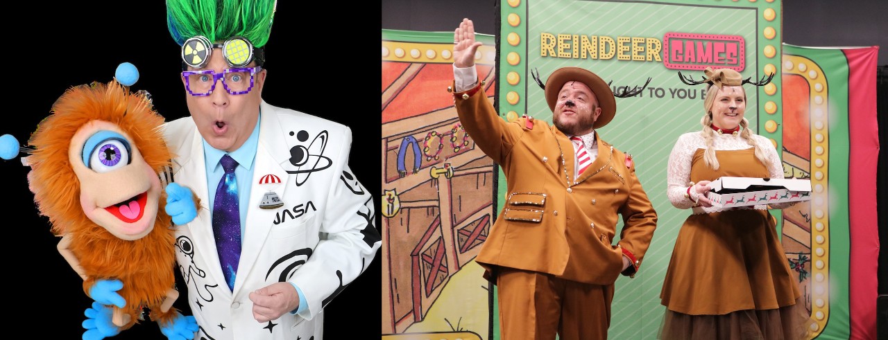 Promotional images for UC Clermont's Calico Children's Theatre 2025 season, from left: Mr. Molecule and Reindeer Games