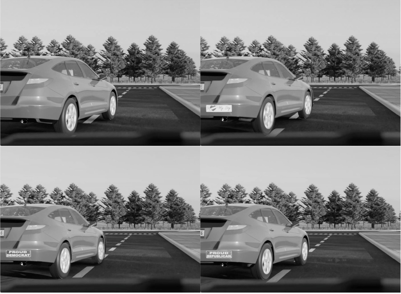 A group of four identical photos show a sport utility vehicle cutting off a driver. One has no bumper sticker. One has a sticker reading I love my dog. One has a sticker saying Proud Democrat. One has a sticker saying Proud Republican.