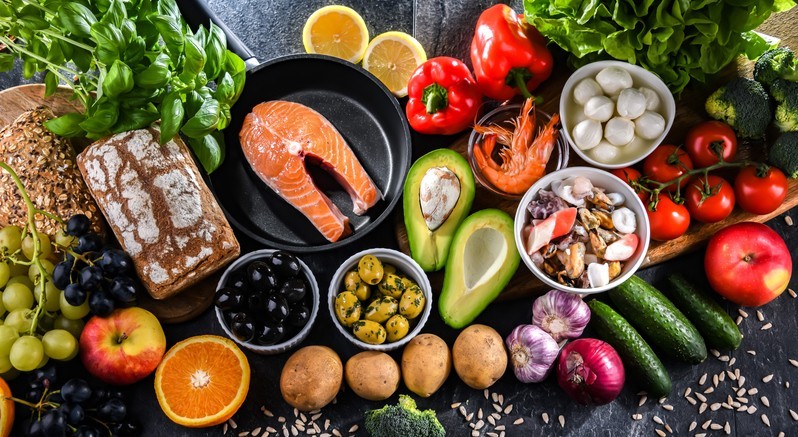 Array of foods associated with Mediterranean diet 