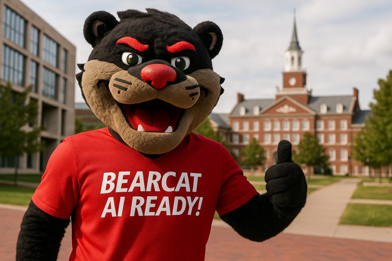 An example of an AI-generated image of the UC Bearcat mascot with an AI Ready t-shirt.