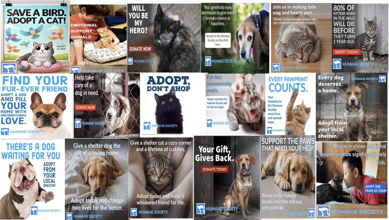 A collage of 18 ads using real photos or AI-generated ones for the Humane Society.