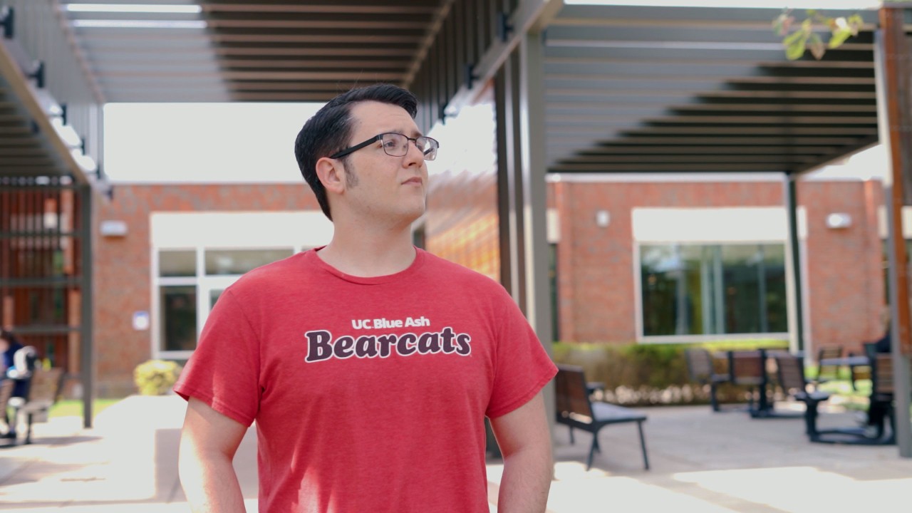 Andrew Nixon outside on the UC Blue Ash campus