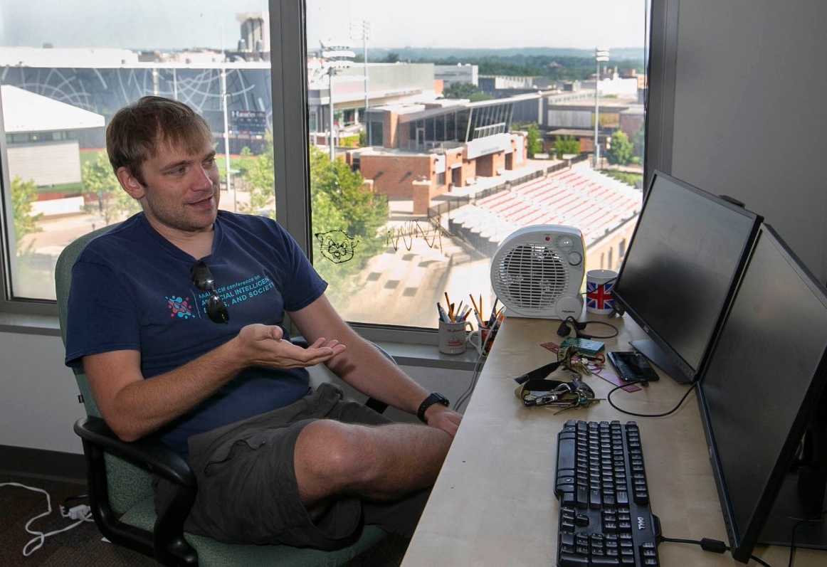 Dieter Vanderelst, UC psychology professor shown in his office at Edwards One building. Vanderelst spoke about his worked on bats use echolocation to overcome the camouflage of their favorite foods, insects.  UC/Joseph Fuqua II