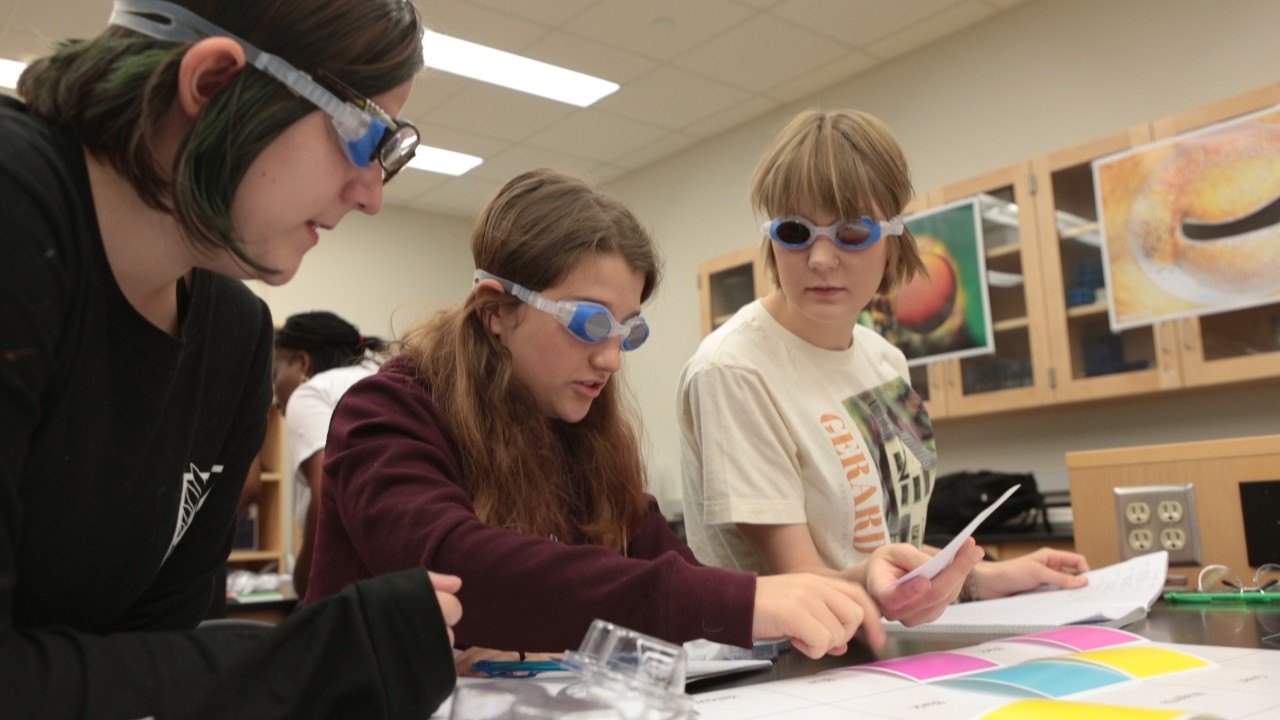 Students wearing colored goggles hold up flashcards in a biology classroom.