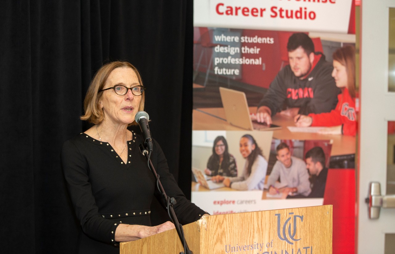 Left to right Provost Kristi A. Nelson spoke during Grand Opening of the Bearcat Promise Career Studio at TUC Thursday January 23, 2020. UC/Joseph Fuqua II