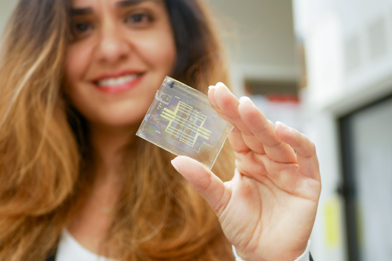 Leyla Esfandiari holds up a lab-on-a-chip device.