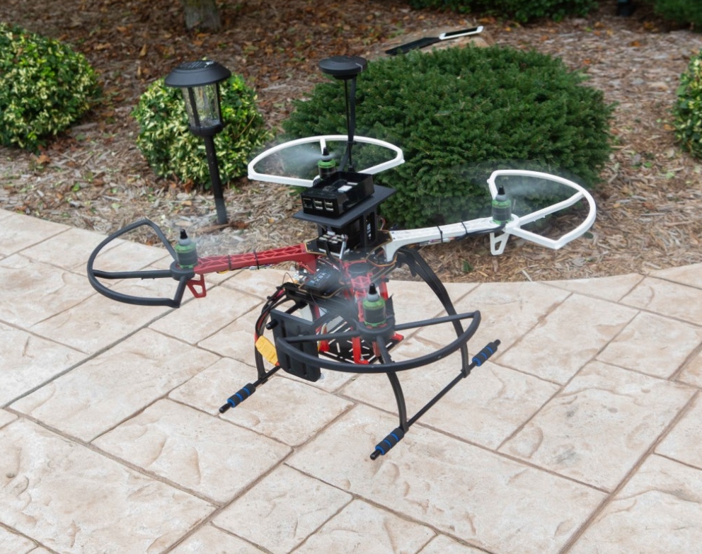 UC student James (Zach) Wells operated the Drone as he flew it to the front door of Dr. Sampsel home in West Chester. UC/ Joseph Fuqua II
