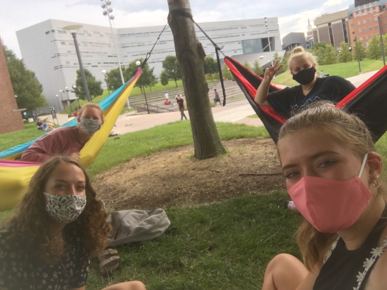 Students hanging in the hammocks on Sigma Sigma Commons
