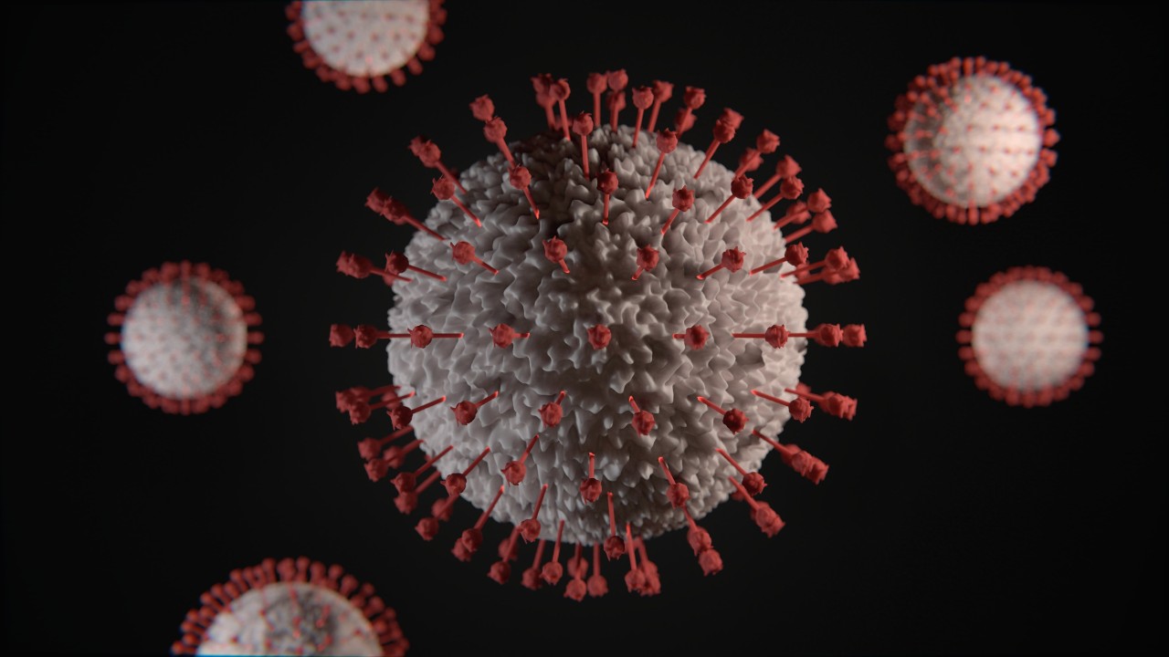An artist's rendering of a COVID-19 virus.