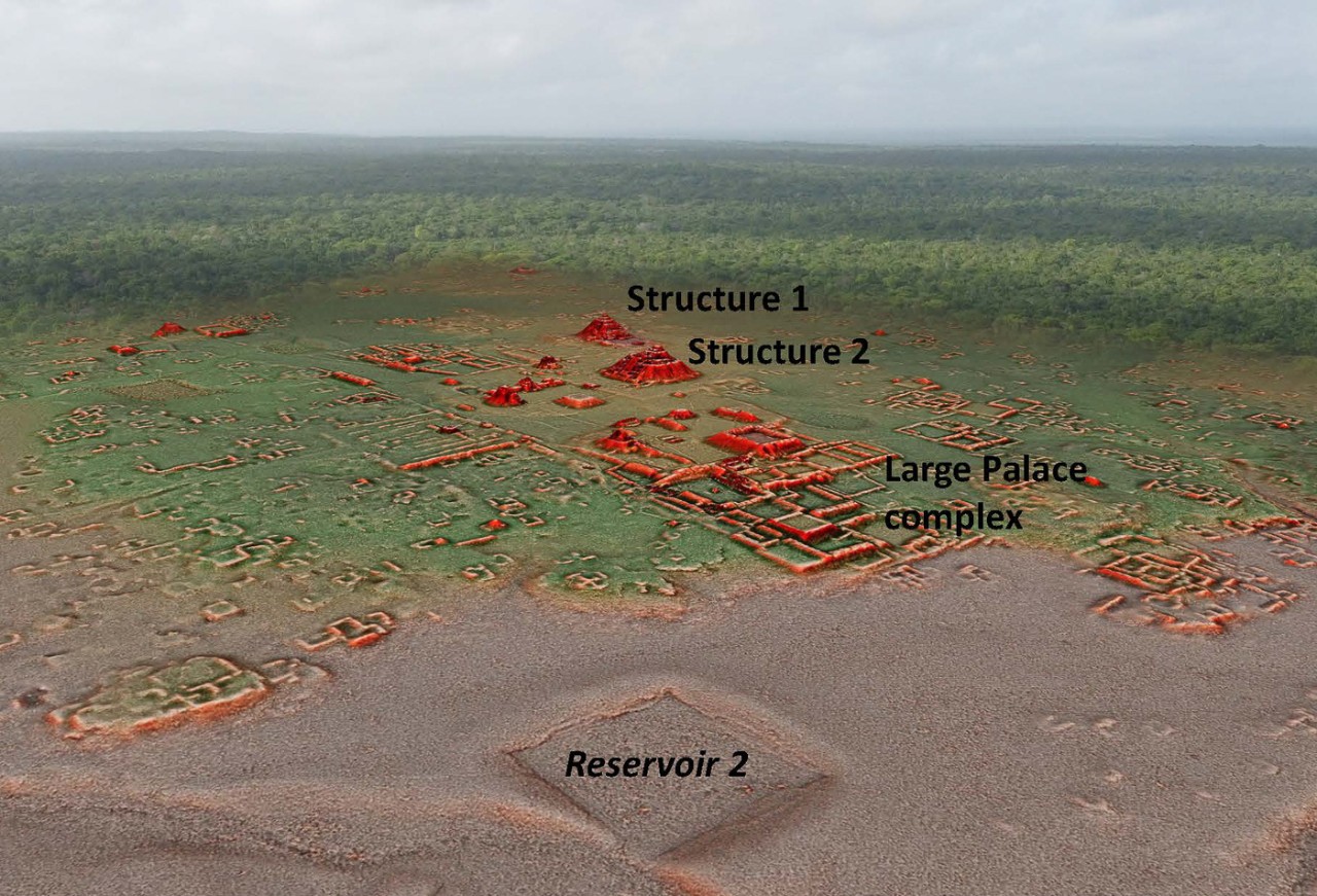 Lidar reveals the foundations of ancient structures at Calakmul in red marked with notations Structure 1, Structure 2, Reservoir 2 and Large Palace complex.