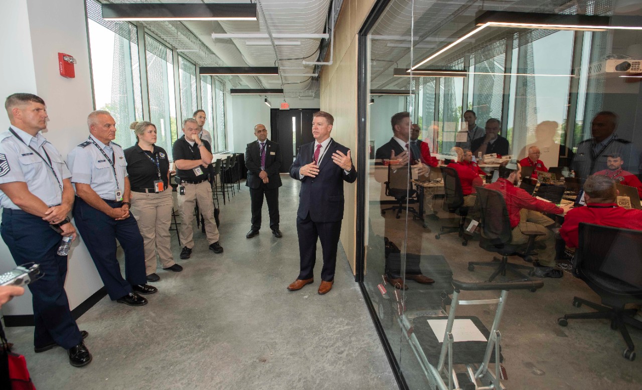 Craig Baker, OHCR Program Administrator Ohio Cyber Reserves, right spoke about the Ohio Cyber Reserve during the Ohio Cyber Guardian, Ohio Cyber Range Institute (OCRI) and Ohio Cyber Reserve distinguished visitors day at the new Digital Futures building Monday July 17, 2023. Photos by Joseph Fuqua II
