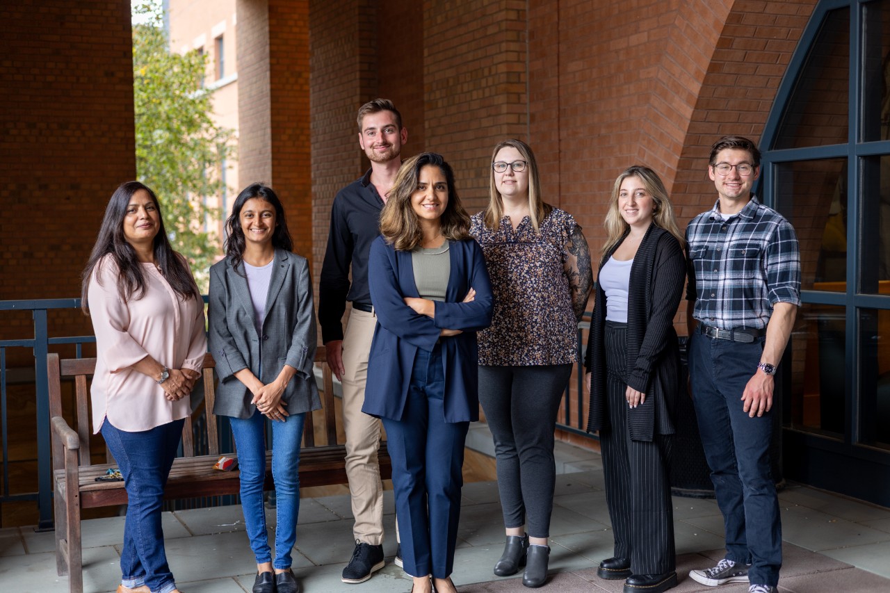 Leyla Esfandiari (center) and the students who work with her in her lab.