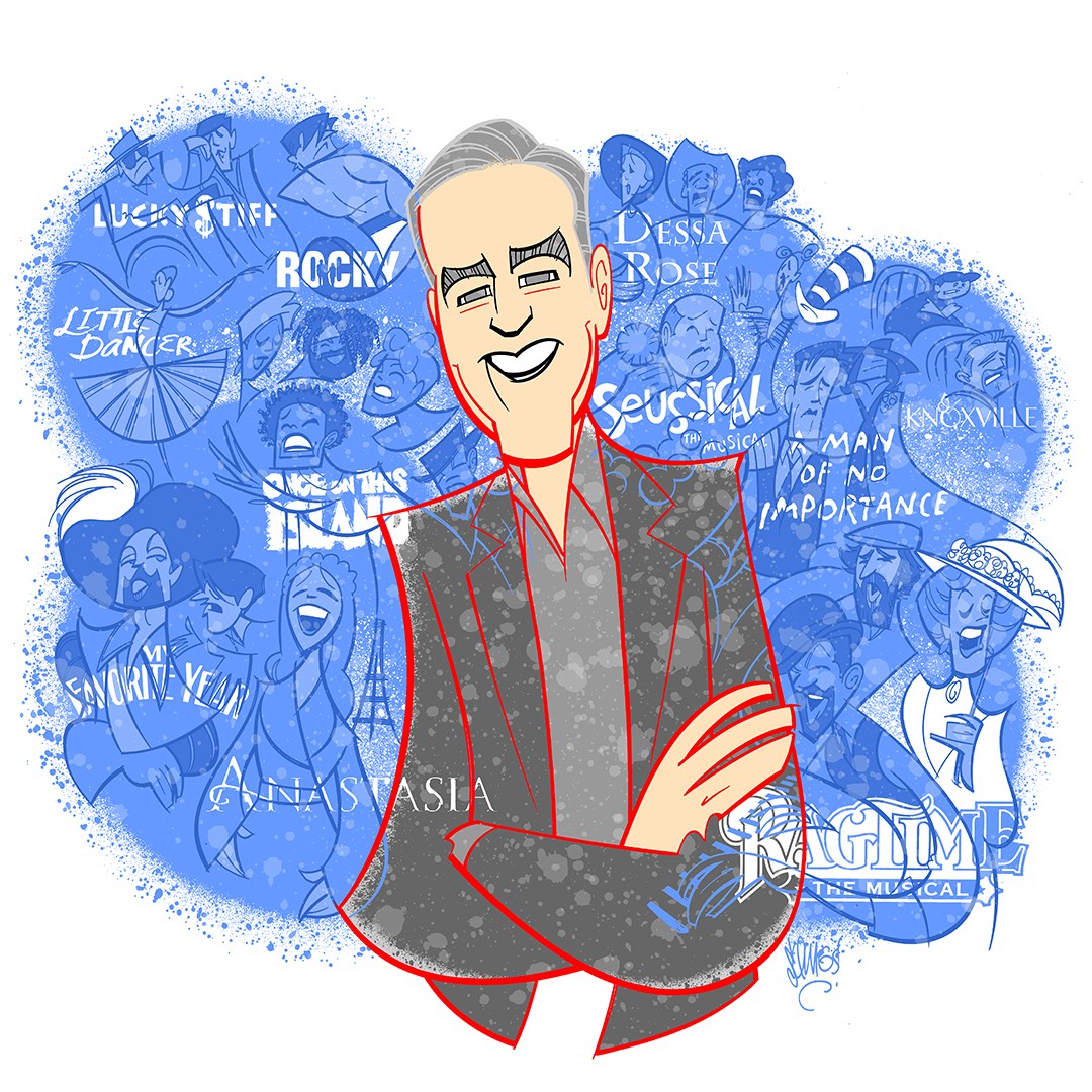 Illustration of Stephen Flaherty by theatrical illustrator Justin "Squigs" Robertson