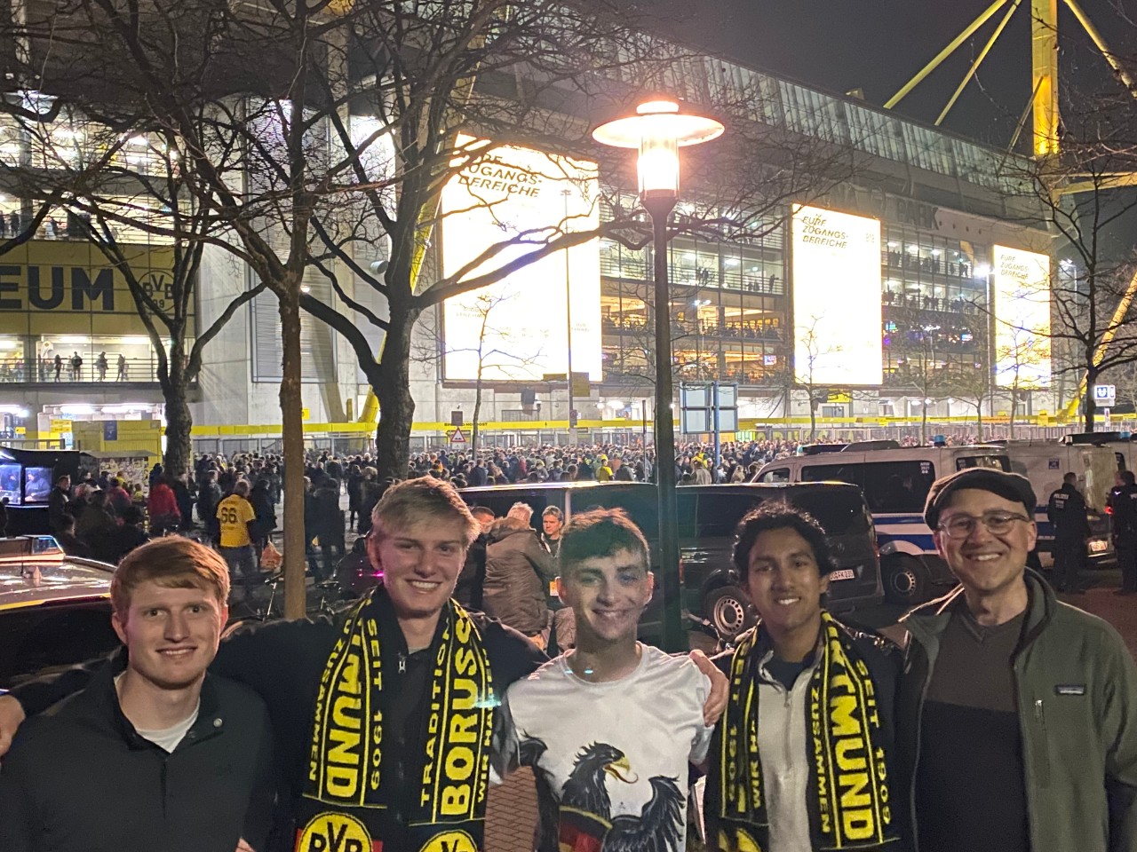 Part of the UC group poses outside of the stadium at the Dortmund soccer match