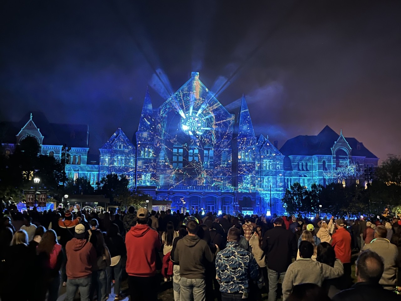image of Music Hall in downtown Cincinnati lit up for BLINK