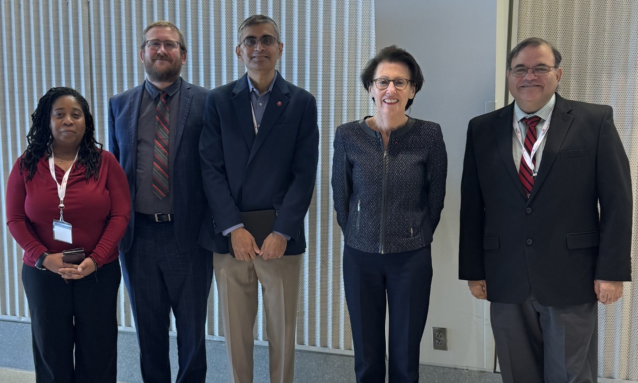 From left Josette Riep, assistant vice president UC Digital Technology Solutions; Nick Ernest, chief architect, Thales, Inc.; Bharath Prabhakaran, UC vice president and chief digital officer; Yannick Assoud, executive vice-president, avionics, and Thales executive committee member, Thales, Inc. and Kelly Cohen, Brian H. Rowe Endowed Chair in aerospace engineering, UC College of Engineering and Applied Science.