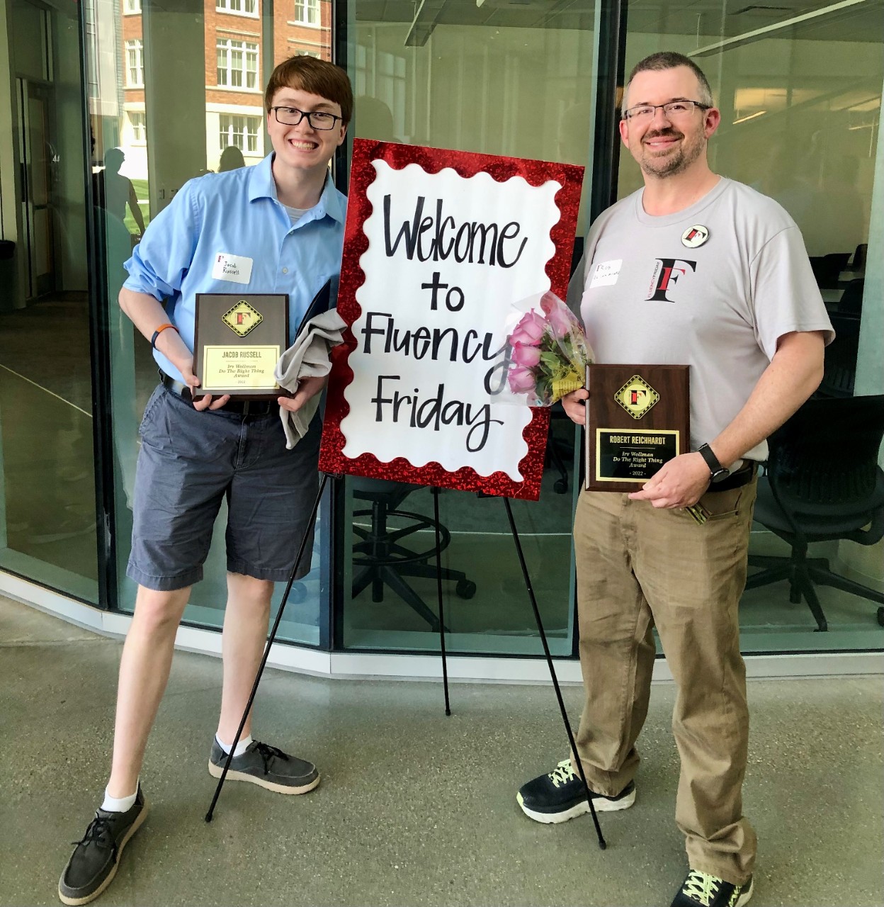 Two recipients of the Fluency Friday Irv Wollman Do the Right Thing Award