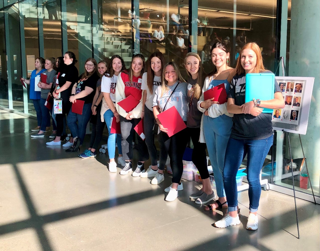 Speech-language pathology graduate students lined up in the Health Sciences Building and ready to take part in Fluency Friday.